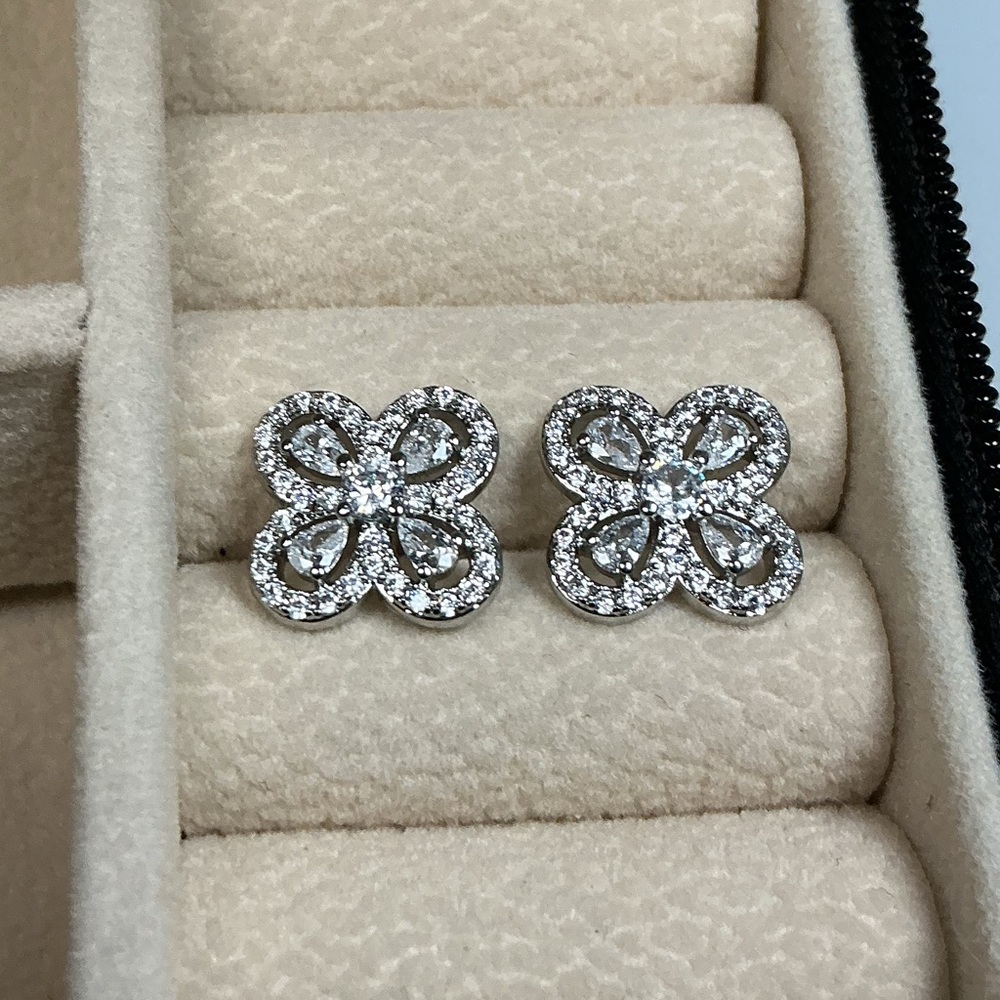 Silver Clover CZ Stud Earrings Sparkly  Four Leaf Cluster Elegant Minimalist